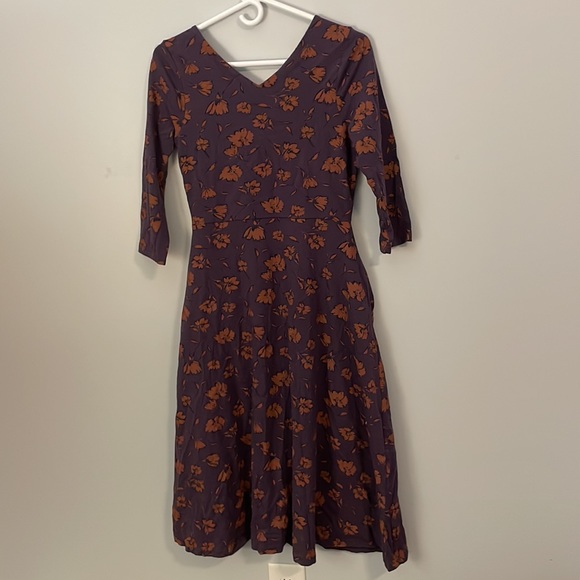 Pact Purple & Orange Cotton Blend 3/4 Sleeve V-Neck Floral Dress Size Medium - Picture 6 of 13